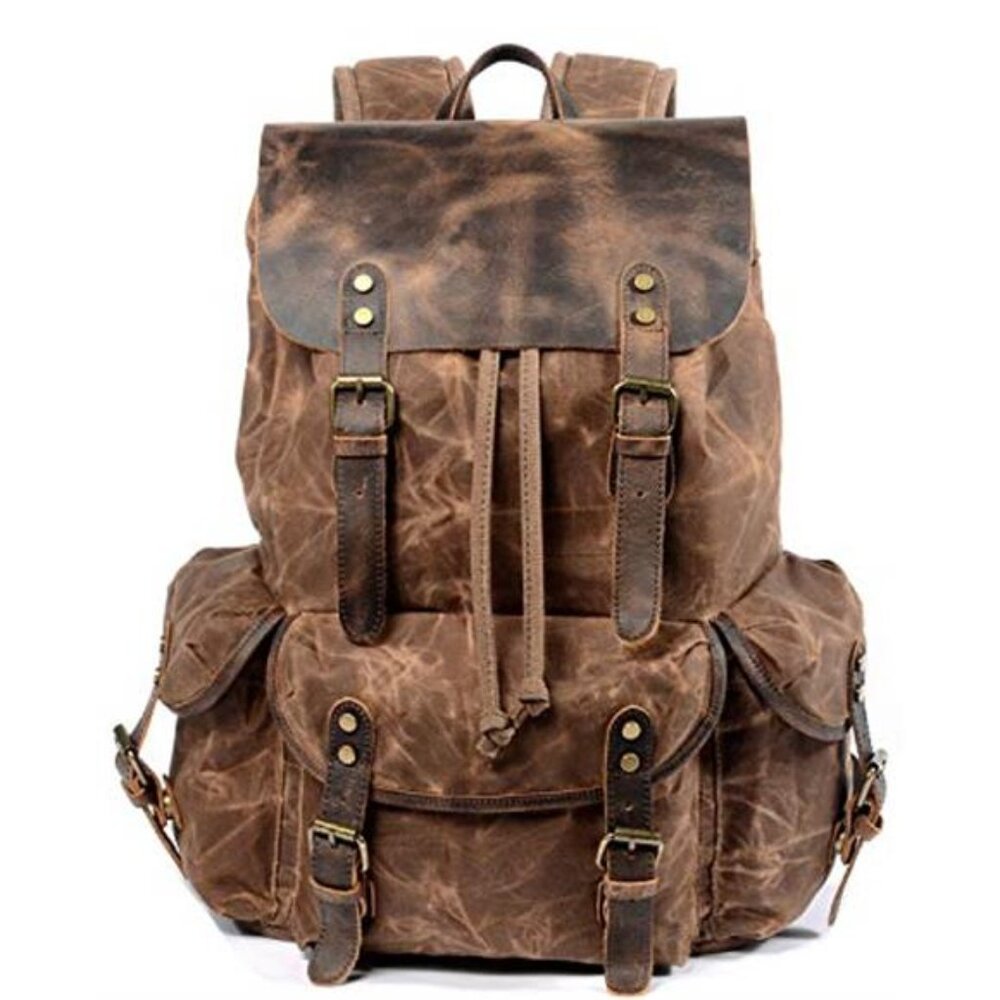 Leather Backpack for Men, Waxed Canvas Shoulder Rucksack Carry-On Travel